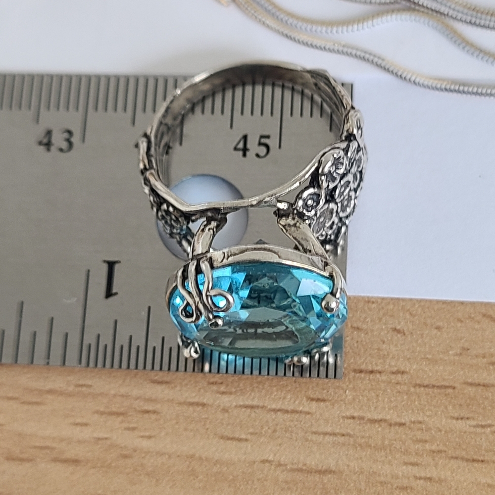 Vintage Sterling Silver Boho Chunky Blue Topaz Solitaire Floral Statement Ring - Picture 8 of 14